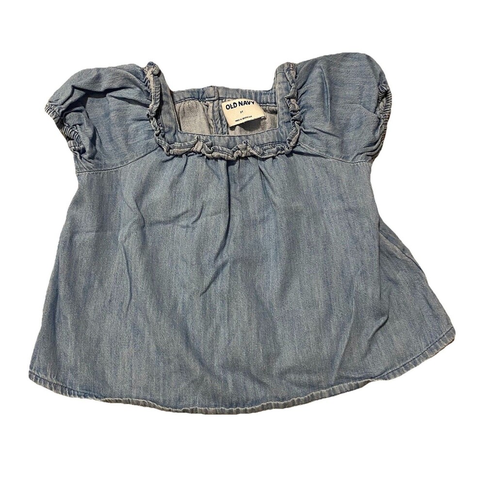Old Navy Chambray Top Girls Size 3T Short Sleeve Square Neck Shirt Light Wash